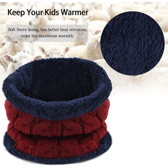 Kids Boys Girls Winter Warm Knit Beanie Hat Cap Neck Scarf Set with Fleece - Picture 4 of 6